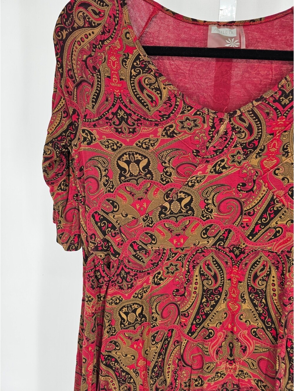 Athleta Women's Red Short Sleeve V-Neck Paisley Printed Lace Closer Dress Size S - Picture 2 of 4